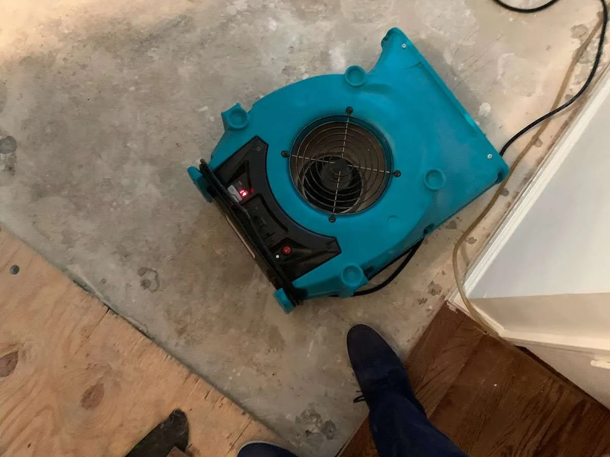 Air mover drying subfloor during Commercial Water Damage Restoration in Plattsburgh